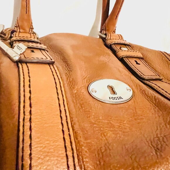 Fossil Vintage Camel/Brown Tote/Satchel Purse Bag-Soft Glove Leather-Roomy-Zip - Picture 8 of 15